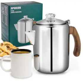 Wood-8 Apoxcon 637609974724 Coffee Percolator Pot Stainless Steel Maker 8 Cup