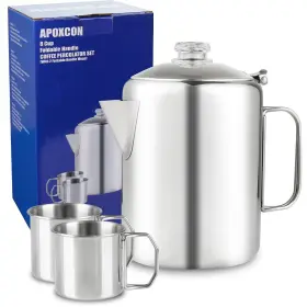 Apoxcon 739608335213 Coffee Pot Bundle Percolator With 2 Mugs Stainless Steel Maker Wit