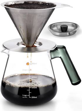 Aquach Aqu022 Pour Over Coffee Maker With Stainless Steel Filter And Borosilicate Glas