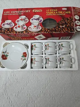 14880 Bene Casa 12 Pc Porcelain Expresso Set Saucers And Cups Poppy Theme. Open Box