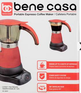 Bene Casa Bc-90267 Portable Espresso Maker Red 6 Cups 360 Swivel Base
