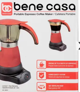 Bc-90267 Bene Casa Portable Espresso Maker Red 6 Cups 360 Swivel Base