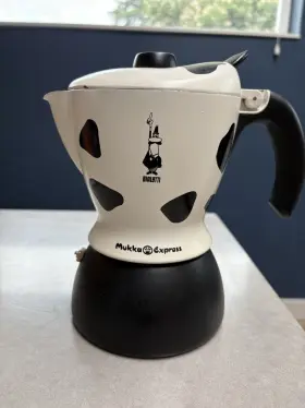 06989 Bialetti Mukka Express 2 Cup Cow Print Stovetop Cappuccino Maker Black And White
