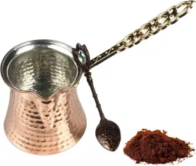 Bsrn 313114338335 Turkish Coffee Pot And Copper Spoon Set - 9 Oz Thick 2mm Antique Looking