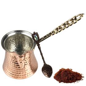 Bsrn 749403294127 Turkish Coffee Pot And Copper Spoon Set - 9 Oz Thick 2mm Antique Looki