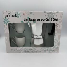 Epoca 741393168099 New Primula 6 Cup Aluminum Espresso Maker 2 White Porcelain Cups 3oz Gift Set