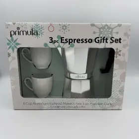 Epoca 741393168099 New Primula 6 Cup Aluminum Espresso Maker 2 White Porcelain Cups 3oz Gift Set
