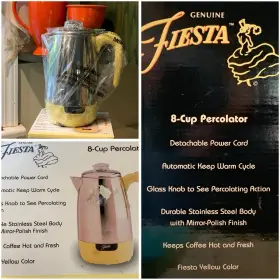 Ep-80 Fiesta Nib 8-cup Electric Percolator Stainless Steel Mirror-polish Yellow Ep-80 Fiesta Nib 8-cup Electric Percolator Stainless Steel Mirror-polish Yellow