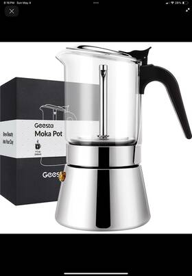 Geesta Geesta34b Premium Crystal Glass-top Stovetop Espresso Moka Pot - 4 / 6/ 9 Cups
