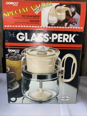 20-2901-7 Gemco Vtg Nib Glass Perk Brown 4-8 Cup Stove Percolator Coffee Pot Sugar Creamer