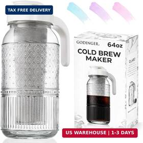 Godinger 028199213377 Cold Brew Coffee Maker 64 Oz - Airtight Glass Mason Jar Pitcher Brewer