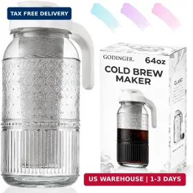 Godinger 028199213377 Cold Brew Coffee Maker 64 Oz - Airtight Glass Mason Jar Pitcher Brewer