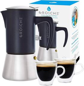 Grosche 627982040765 Milano Steel 6 Espresso Cup Stainless Black Stovetop M