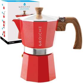 Grosche 682858075647 Milano 6 Espresso Cup 9.3 Oz Red Stovetop Maker - Italian Moka Pot