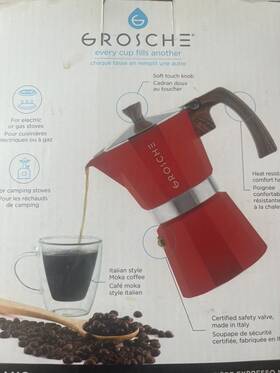 Grosche Gr-390 Red Milano Moka Pot 3 Espresso Cup 5 Fl Oz Maker - New In Box
