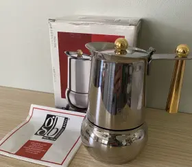 Guido Bergna 800542300067 Vintage Italian Espresso Kitty Oro Stainless Steel Stovetop 24k Gold Handle