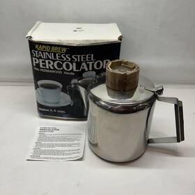 Harold Imports 077615004068 Vtg New Open Box Rapid Brew Stainless Steel Percolator Permawood Handle 2-6 Cups