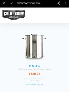 Cbs-30-50u Keg Outlet Commercial Cold Brew Coffee Maker 15 Gallon - Brewers Grade
