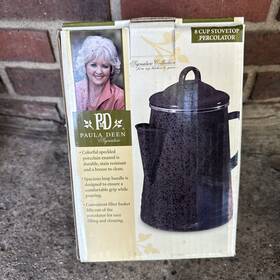 Paula Deen 631899515575 Gray Speckled Enamel Stovetop Coffee Percolator Pot With Basket And Lid