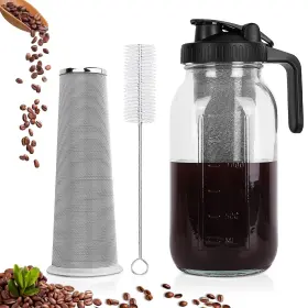 Qhh 645016385781 Cold Brew Coffee Maker 64 Oz Wide Mouth Mason Jar Pitcher With Stainless Steel