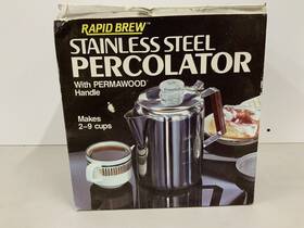 Rapid Brew 07761500409 Stainless Steel Percolator Permawood Handle 2-9 Cups Stovetop Coffee