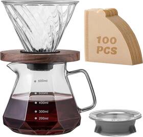Shoxil 744110298789 Pour Over Coffee Maker Set V60 Drip Pot With Walnut Handle Glass Coffe