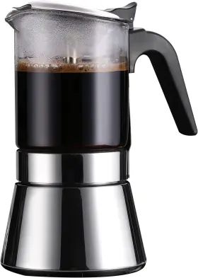 A698b199 Sixaquae -a698b199 Induction Moka Pot Crystal Glass Top Stainless Steel Stovetop Espresso Maker