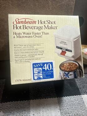 Sunbeam 17076 Vtg 1985 Hot Shot Beverage Dispenser 2 Cup Almond New Open Box