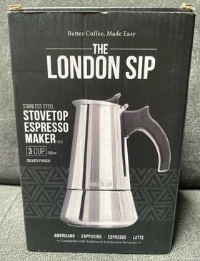 The London Sip 850036490012 Stainless Steel Stovetop Espresso Maker Coffee Pot Silver 3 Cup New