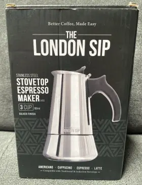The London Sip 850036490012 Stainless Steel Stovetop Espresso Maker Coffee Pot Silver 3 Cup New