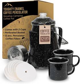 Toughty Cp1-wb Enamel Coffee Percolator With 2 Cups - White Speckled On Black
