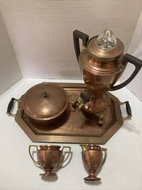 Universal E9166 Coffee Set Percolator Creamer Sugar Pot Tray Copper Brass Antique