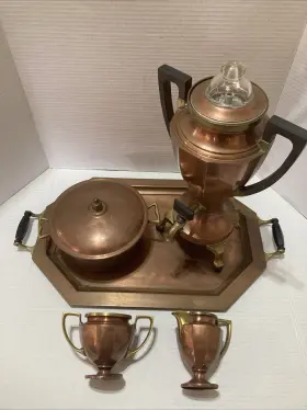 E9166 Universal Coffee Set Percolator Creamer Sugar Pot Tray Copper Brass Antique