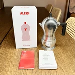 Alessi Pulcina Aluminum Espresso Maker 6 Cup Black Handle De Lucchi Nob MDL02 Open. Price: $139.95.