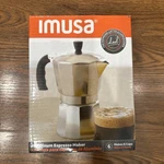 Imusa Makes 6 Cup Aluminum Stovetop Espresso Coffee Maker. Cool Touch Handle Open. Price: $17.99.