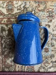 Cinsa 6 Blue Speckled Enamelware. Hinged Coffee Pot, Tea Kettle, Utensils, Mugs Used. Price: $37.00.