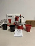 Bialetti Mini Express: Moka Set Coffee Maker 2-CUP + BLACK1REDSHOT Glasses Open. Price: $50.00.