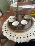 Vintage Gat ? Copper Israel Coffee Set Serving Tray & 6 Cups Porcelain Inserts Used. Price: $99.99.