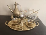 Turkish Coffee Set, Brass Pot, Cezve, Tray, Cups, Spoons, Tea Glasses Etc Used. Price: $75.00.