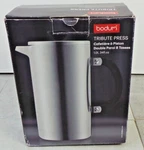 Bodum Tribute Double Wall French Press Coffee Maker, 34 Ounce, Matte Chrome Open. Price: $34.95.