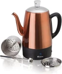PER08 Stainless Steel Electric Coffee Percolator, Cup, Polished Copper Finish, New. Price: $109.99.